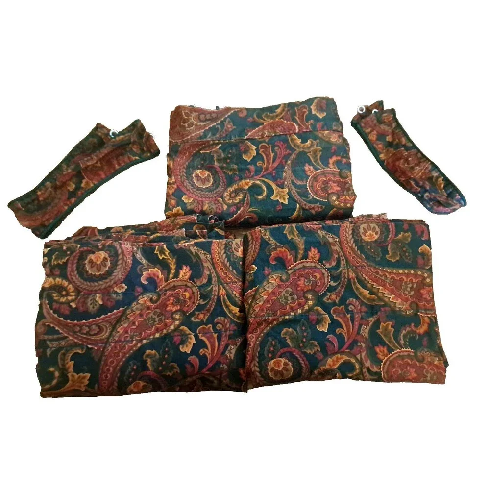 Croscill Paisley Curtain Valance Panels Set Tiebacks XL Green Red Baroque 97x100